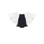 Milla Sophisticated black fitted corset with white satin off-the-shoulder sleeves, Midnight Walk Top