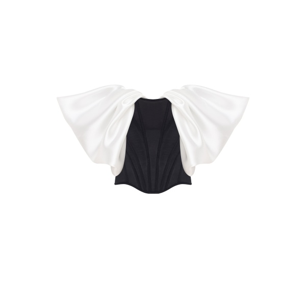 Milla Sophisticated black fitted corset with white satin off-the-shoulder sleeves, Midnight Walk Top