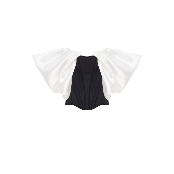 Milla Sophisticated black fitted corset with white satin off-the-shoulder sleeves, Midnight Walk Top