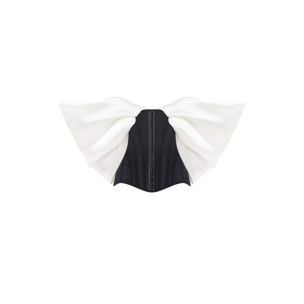 Milla Sophisticated black fitted corset with white satin off-the-shoulder sleeves, Midnight Walk Top, view 3
