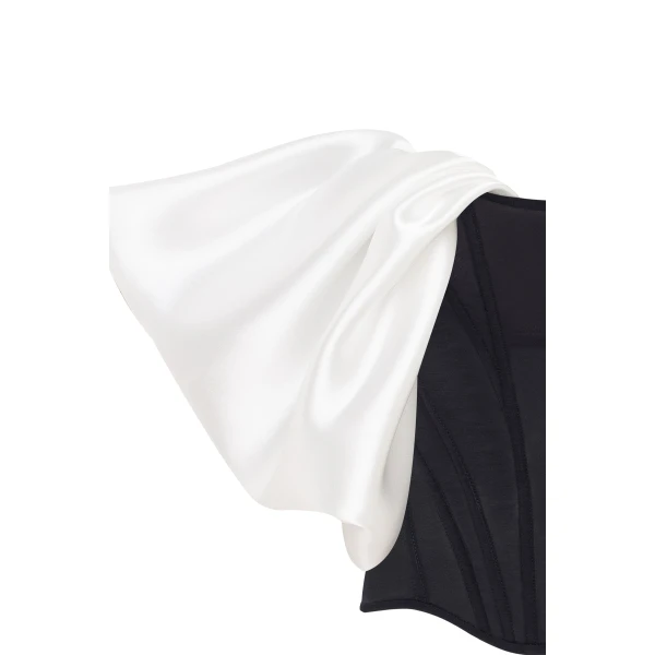 Milla Sophisticated black fitted corset with white satin off-the-shoulder sleeves, Midnight Walk Top, view 5