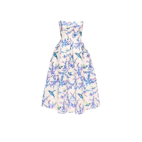 Milla Strapless midi dress with bird and flower print, Garden of Eden