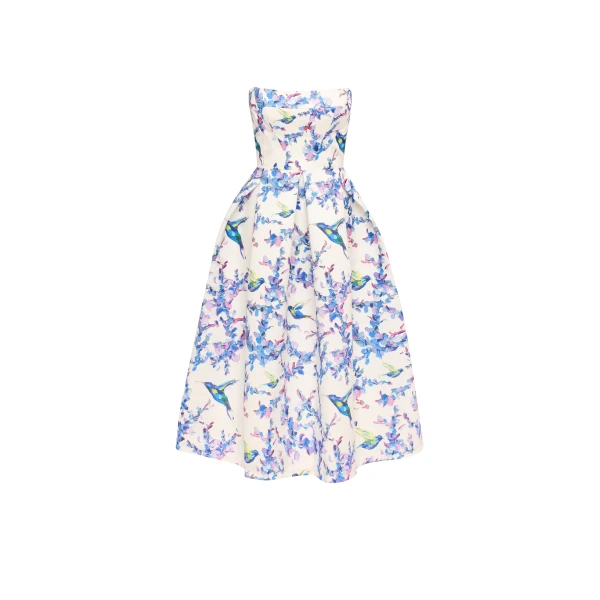 Milla Strapless midi dress with bird and flower print, Garden of Eden