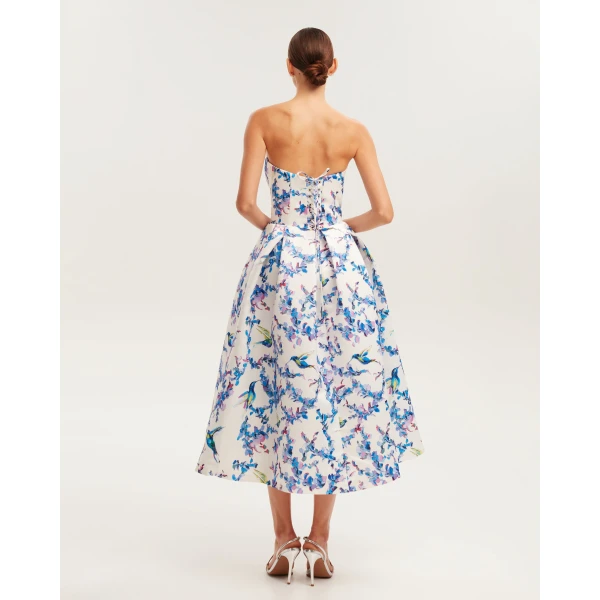 Milla Strapless midi dress with bird and flower print, Garden of Eden, view 2