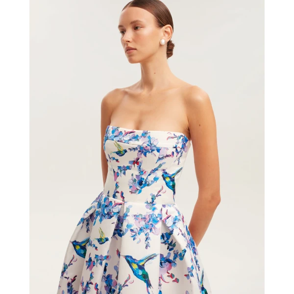 Milla Strapless midi dress with bird and flower print, Garden of Eden, view 4