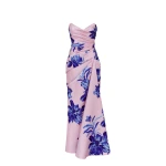 Milla Strapless pink maxi dress with blue-flowered pattern, Glow-Up