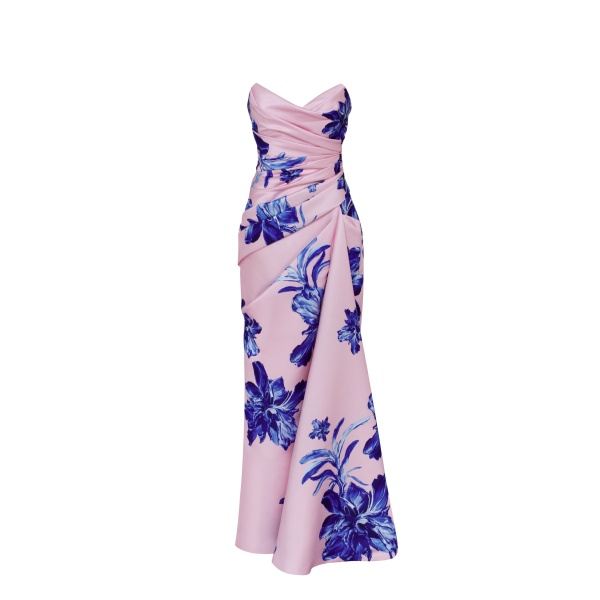 Milla Strapless pink maxi dress with blue-flowered pattern, Glow-Up