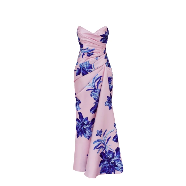 Milla Strapless pink maxi dress with blue-flowered pattern, Glow-Up