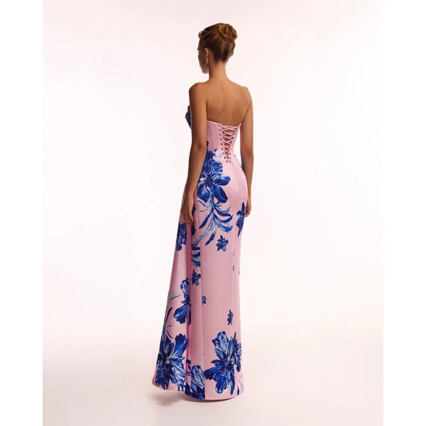 Milla Strapless pink maxi dress with blue-flowered pattern, Glow-Up, view 2