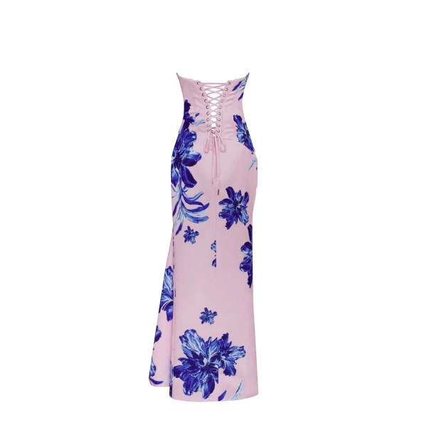 Milla Strapless pink maxi dress with blue-flowered pattern, Glow-Up, view 3