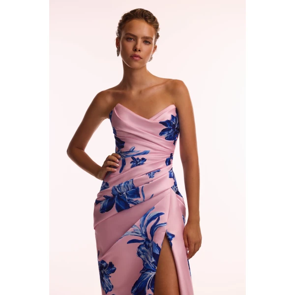 Milla Strapless pink maxi dress with blue-flowered pattern, Glow-Up, view 4