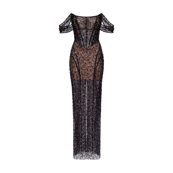 Milla Striking black sequined fitted maxi dress, Midnight Walk