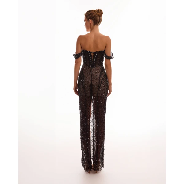 Milla Striking black sequined fitted maxi dress, Midnight Walk, view 2