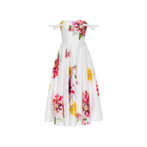 Milla Tea-length ivory floral dress, Glow-Up