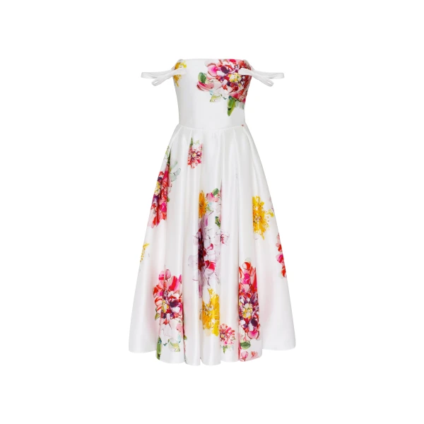Milla Tea-length ivory floral dress, Glow-Up