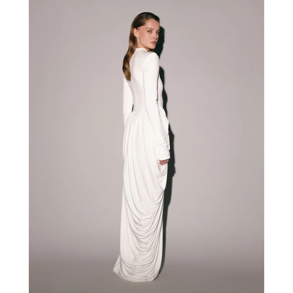 Milla White Maxi Dress with Slit and Long Sleeves, view 2