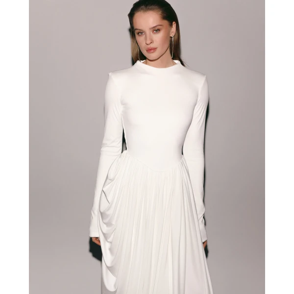 Milla White Maxi Dress with Slit and Long Sleeves, view 4