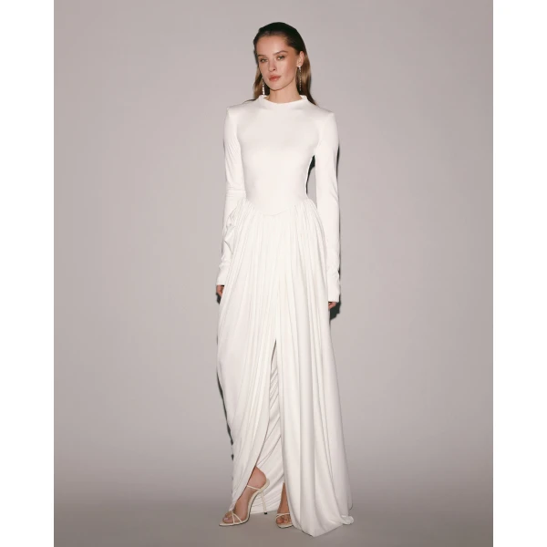 Milla White Maxi Dress with Slit and Long Sleeves, view 5