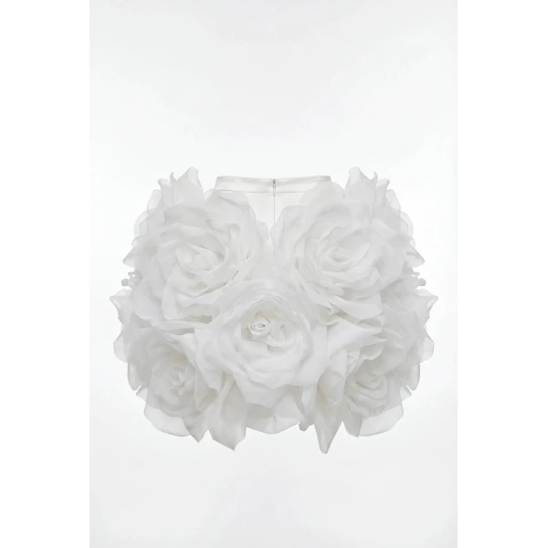 Milla White Mini Skirt with Organza Flowers, view 3