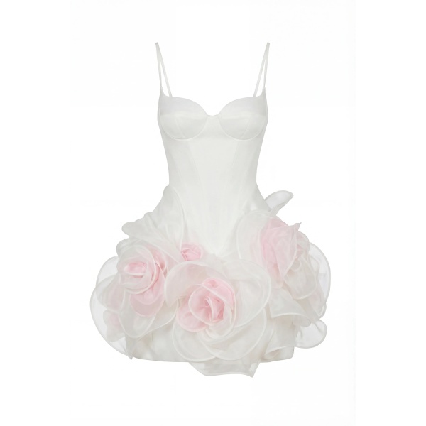 Milla White mini dress with satin corset and 3D floral skirt