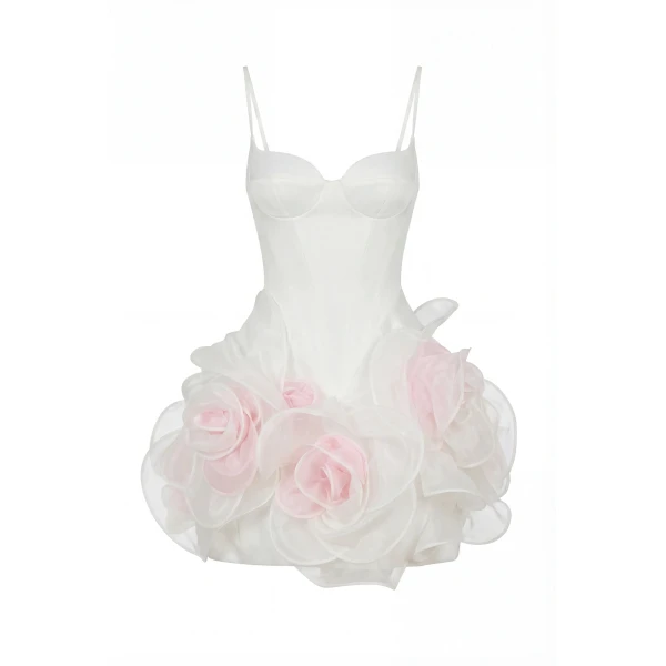 Milla White mini dress with satin corset and 3D floral skirt