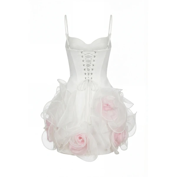 Milla White mini dress with satin corset and 3D floral skirt, view 2