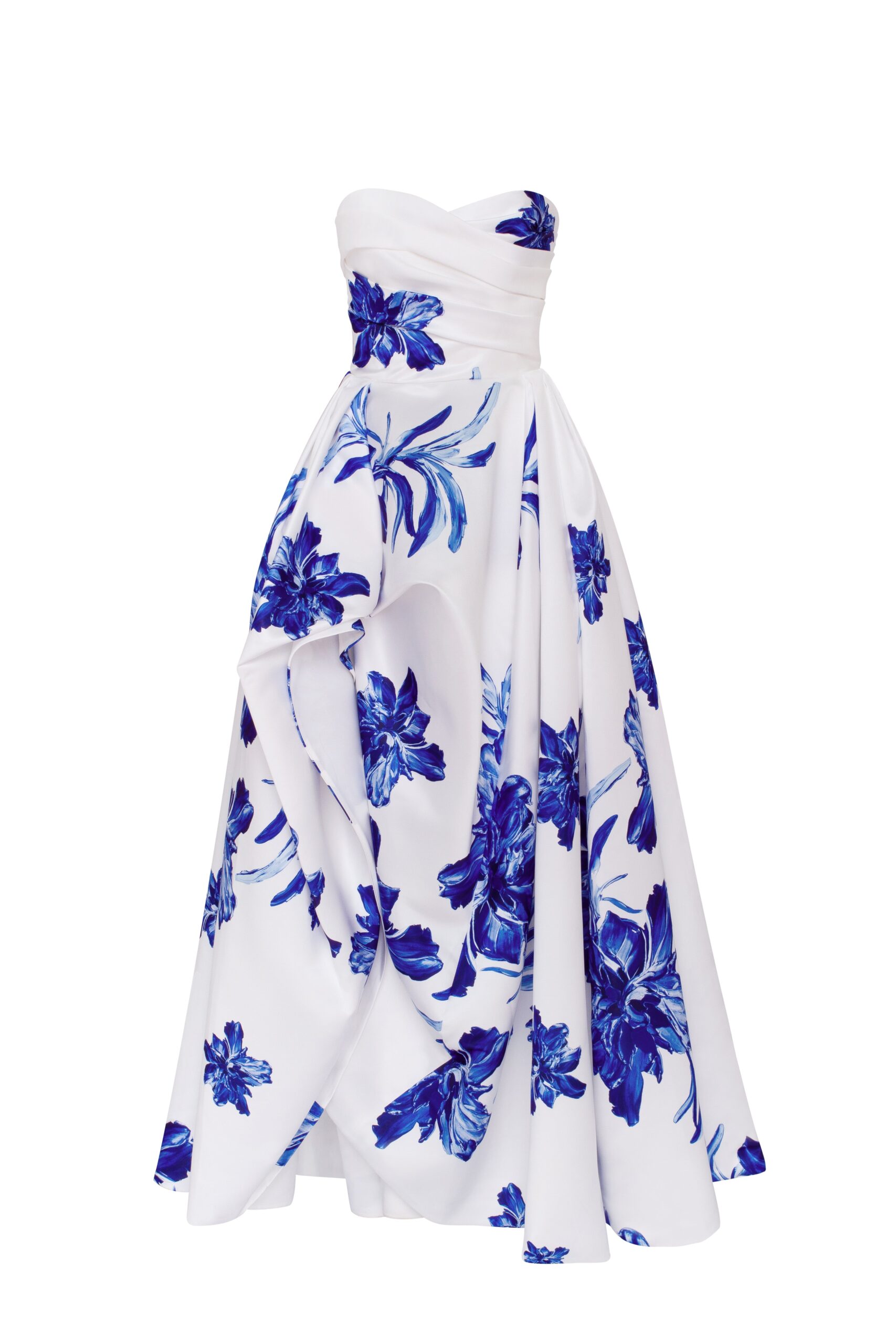Glow-Up - Dresses - Ukrainian Luxury Evening Gown at Luxury Shoes Milla Wonderful white A-line maxi dress with blue flowers, Glow-Up