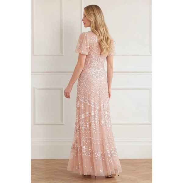 Needle and Thread Anais Sequin Short Sleeve Gown in Biscuit, view 4
