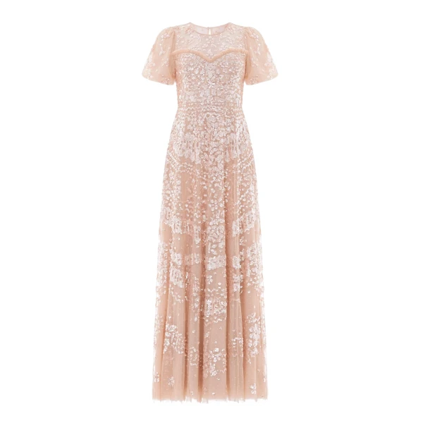 Needle and Thread Anais Sequin Short Sleeve Gown in Biscuit