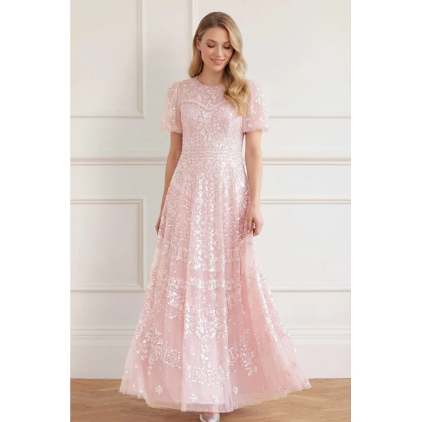 Needle and Thread Anais Sequin Short Sleeve Gown in Shell, view 2