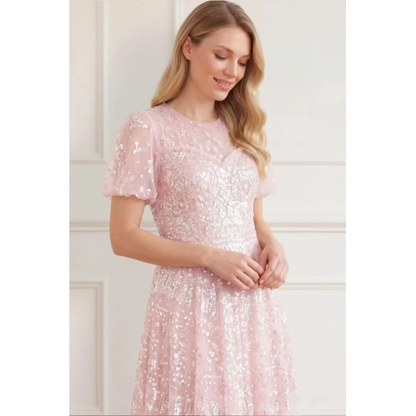Needle and Thread Anais Sequin Short Sleeve Gown in Shell, view 3