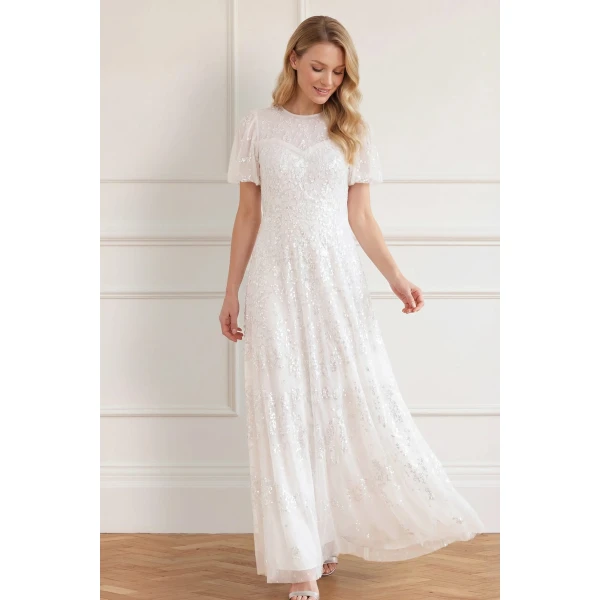 Needle and Thread Anais Sequin Short Sleeve Gown in Swan White, view 2