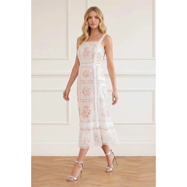Needle and Thread Blossom Bib Ballerina Dress in Swan White/Multi, view 2
