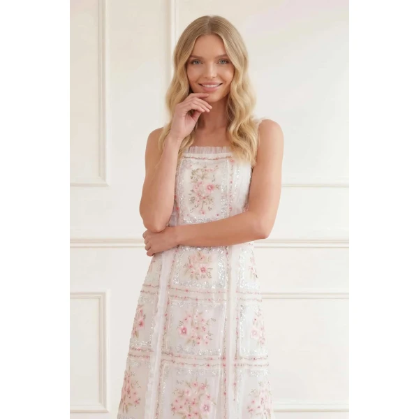 Needle and Thread Blossom Bib Ballerina Dress in Swan White/Multi, view 4