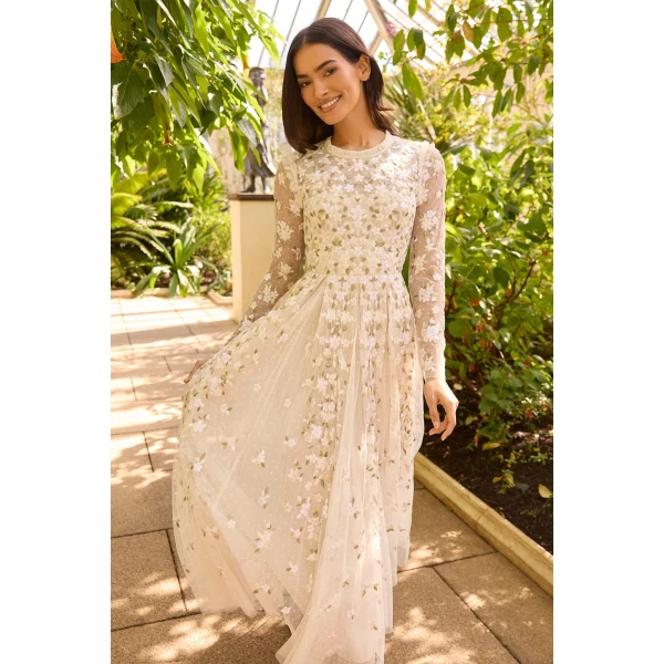 Needle and Thread Camellia Ditsy Ankle Gown in Cream/Multi, view 2