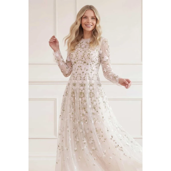 Needle and Thread Camellia Ditsy Ankle Gown in Cream/Multi, view 4