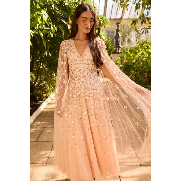 Needle and Thread Camellia Ditsy Cape Sleeve Ankle Gown in Apricot Blush/Multi, view 2