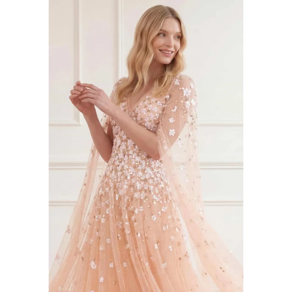 Needle and Thread Camellia Ditsy Cape Sleeve Ankle Gown in Apricot Blush/Multi, view 5