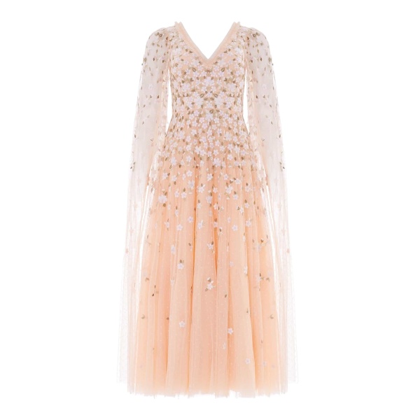 Needle and Thread Camellia Ditsy Cape Sleeve Ankle Gown in Apricot Blush/Multi