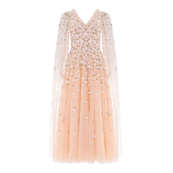 Needle and Thread Camellia Ditsy Cape Sleeve Ankle Gown in Apricot Blush/Multi