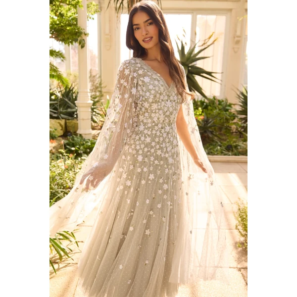 Needle and Thread Camellia Ditsy Cape Sleeve Ankle Gown in Seafoam/Multi, view 2