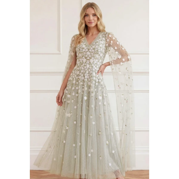 Needle and Thread Camellia Ditsy Cape Sleeve Ankle Gown in Seafoam/Multi, view 3