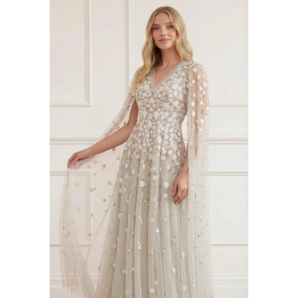 Needle and Thread Camellia Ditsy Cape Sleeve Ankle Gown in Seafoam/Multi, view 4