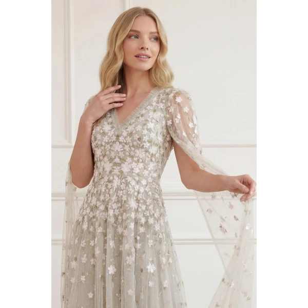 Needle and Thread Camellia Ditsy Cape Sleeve Ankle Gown in Seafoam/Multi, view 5
