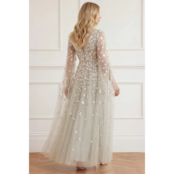 Needle and Thread Camellia Ditsy Cape Sleeve Ankle Gown in Seafoam/Multi, view 6