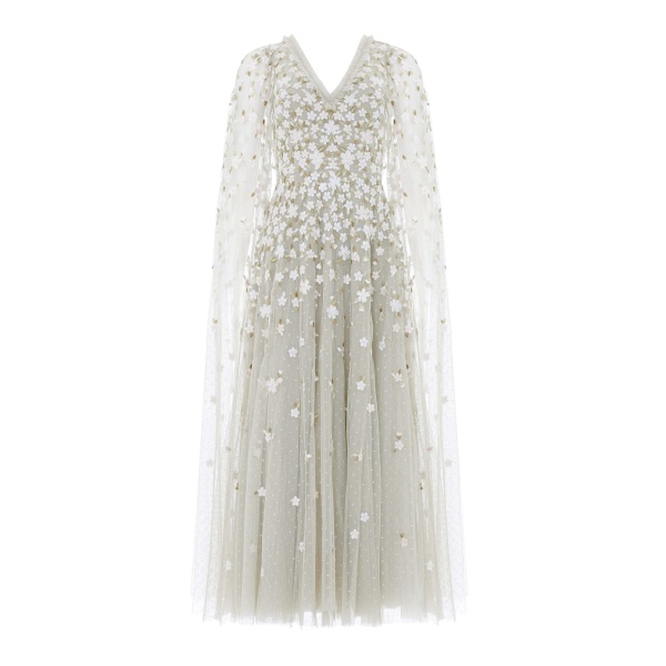 Needle and Thread Camellia Ditsy Cape Sleeve Ankle Gown in Seafoam/Multi