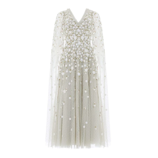 Needle and Thread Camellia Ditsy Cape Sleeve Ankle Gown in Seafoam/Multi