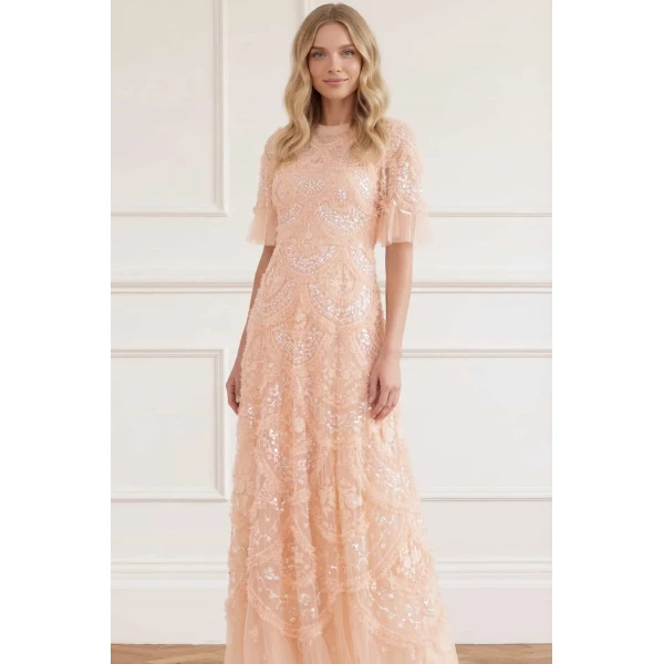 Needle and Thread Carmen Ruffle Ankle Gown in Apricot Blush, view 2