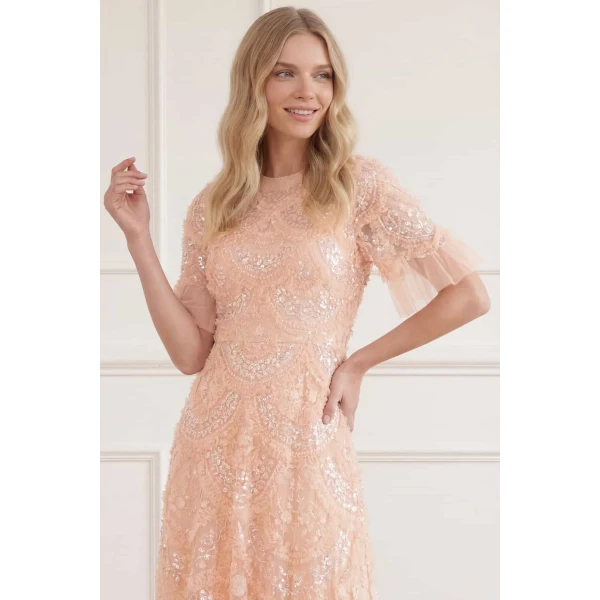 Needle and Thread Carmen Ruffle Ankle Gown in Apricot Blush, view 4