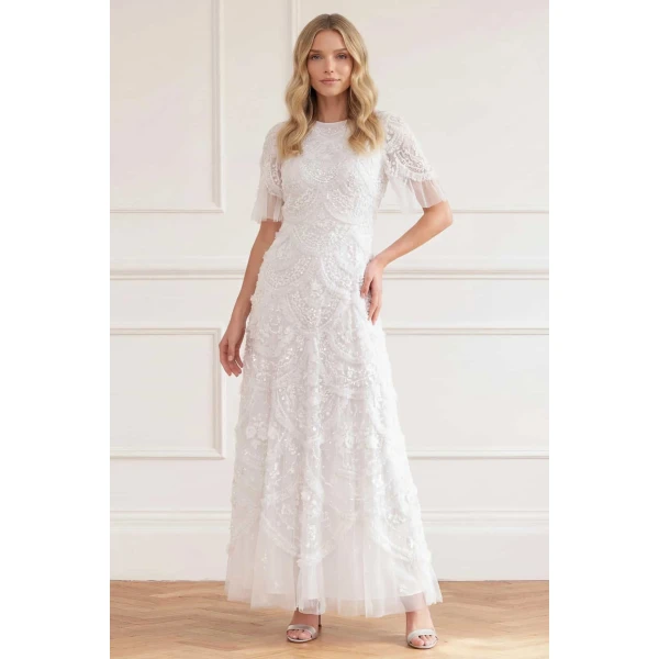 Needle and Thread Carmen Ruffle Ankle Gown in Swan White, view 2